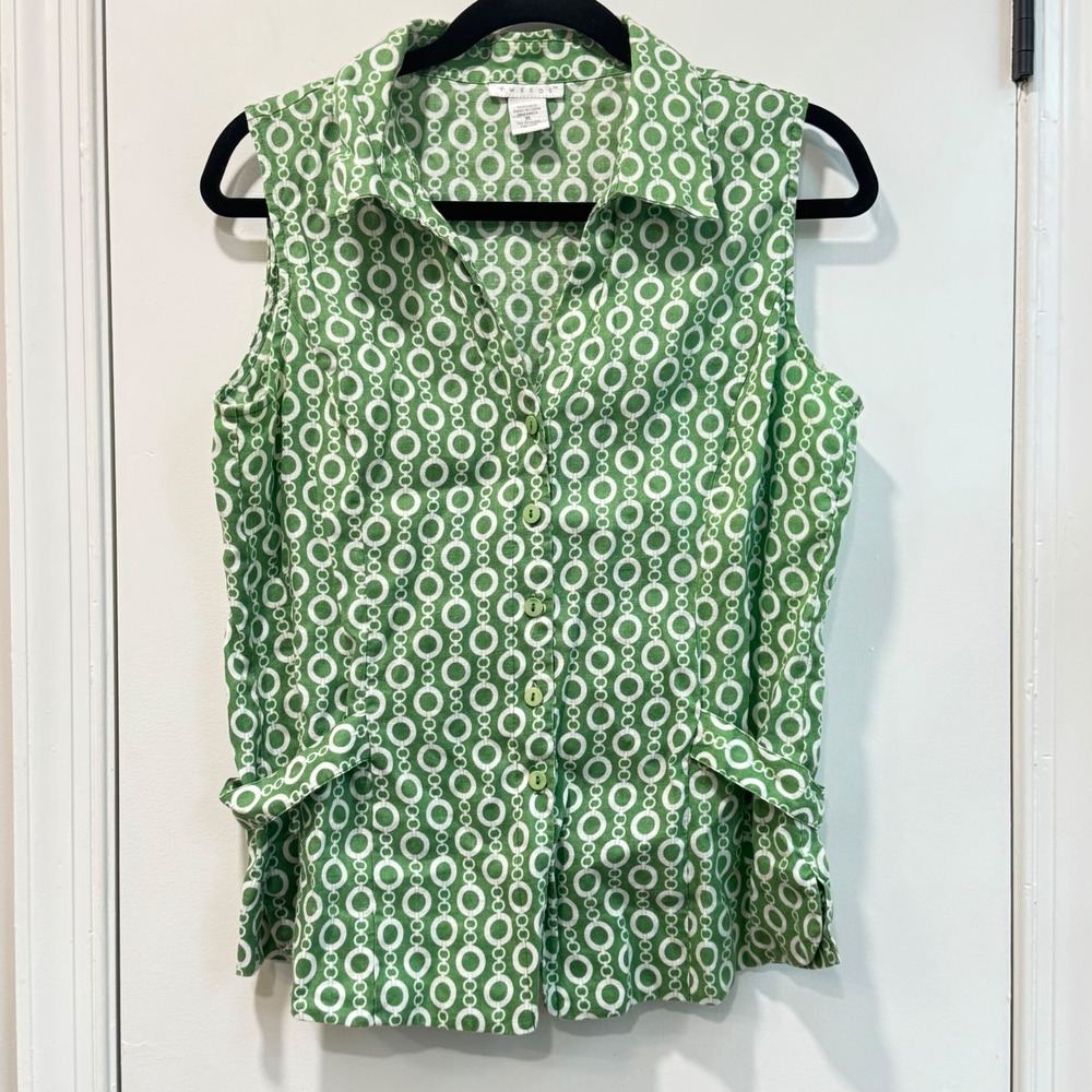 Tweeds Linen Sleeveless Top Green White Circle Print Button Down‎ XL